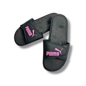 Puma Cool Cat V Women Black Pink Glitter Logo Adjustable Slide Sandals Size 8